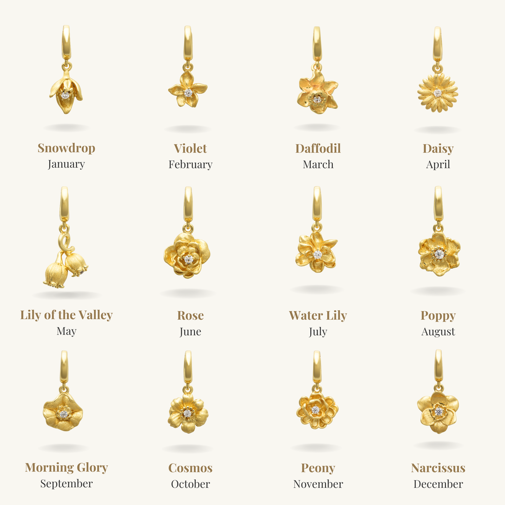 Birth Flowers Gold flower-shaped jewellery pendants with corresponding months on a white background 