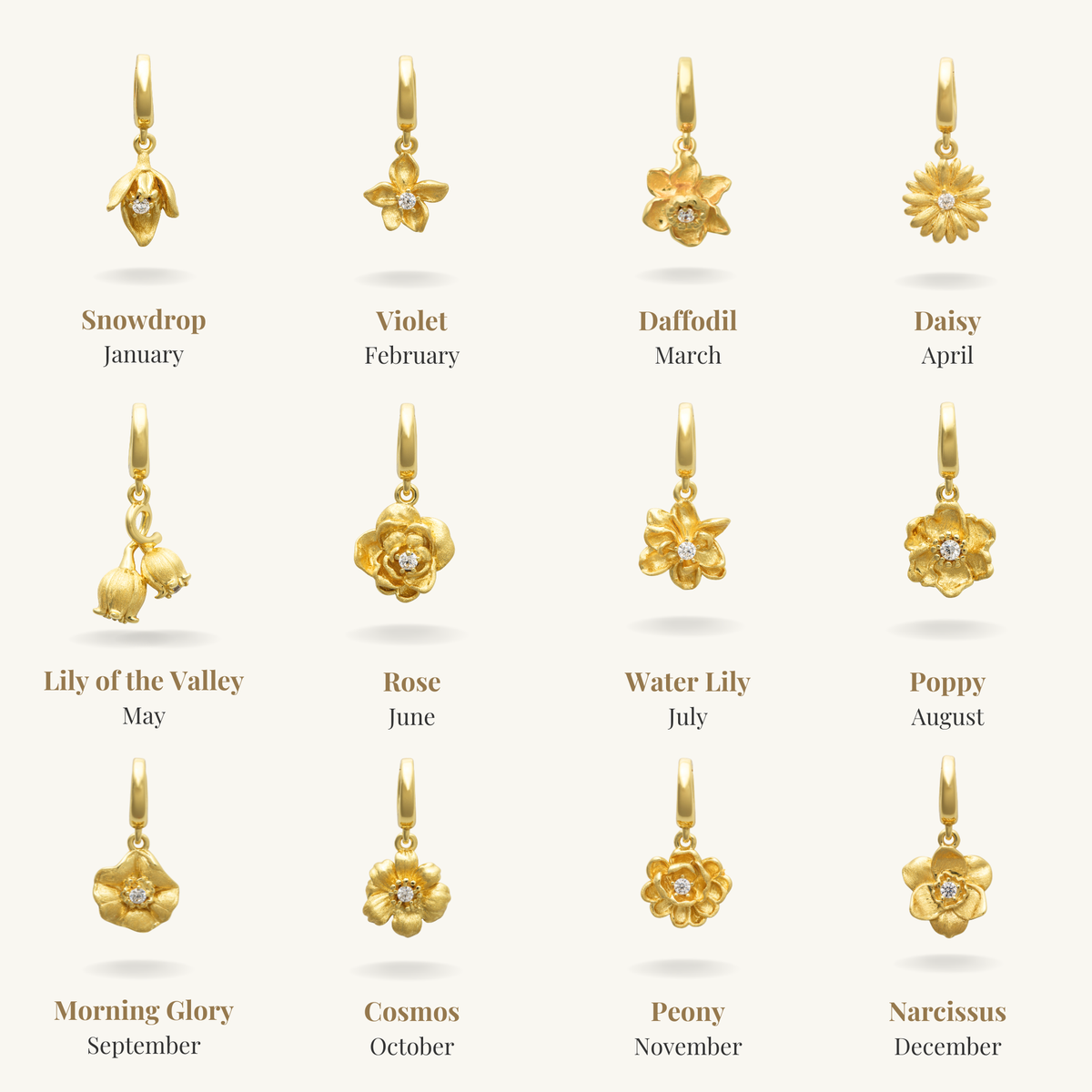Birth Flowers Gold flower-shaped jewellery pendants with corresponding months on a white background 